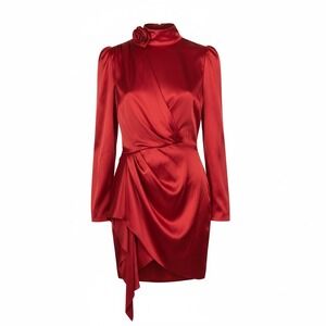 Ronny Kobo Red silk-blend Draped Asymmetrical Mini Dress Long Sleeve Sz Small